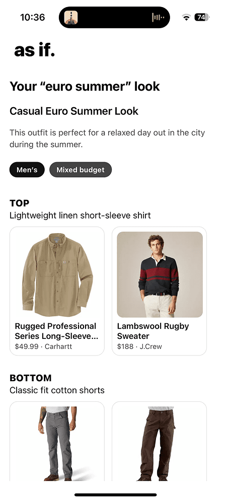 Early As If outfit recommendation wireframe
