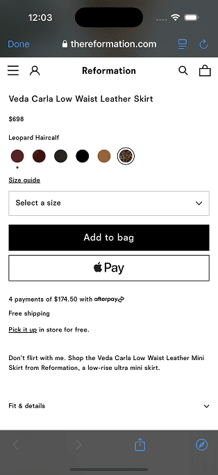 Reformation product purchase details