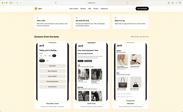 As If website beta screens
