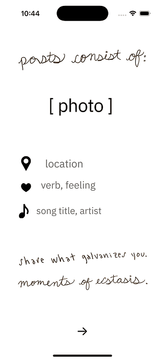 Ecstasis post structure with photo, location, feeling, verb, and song