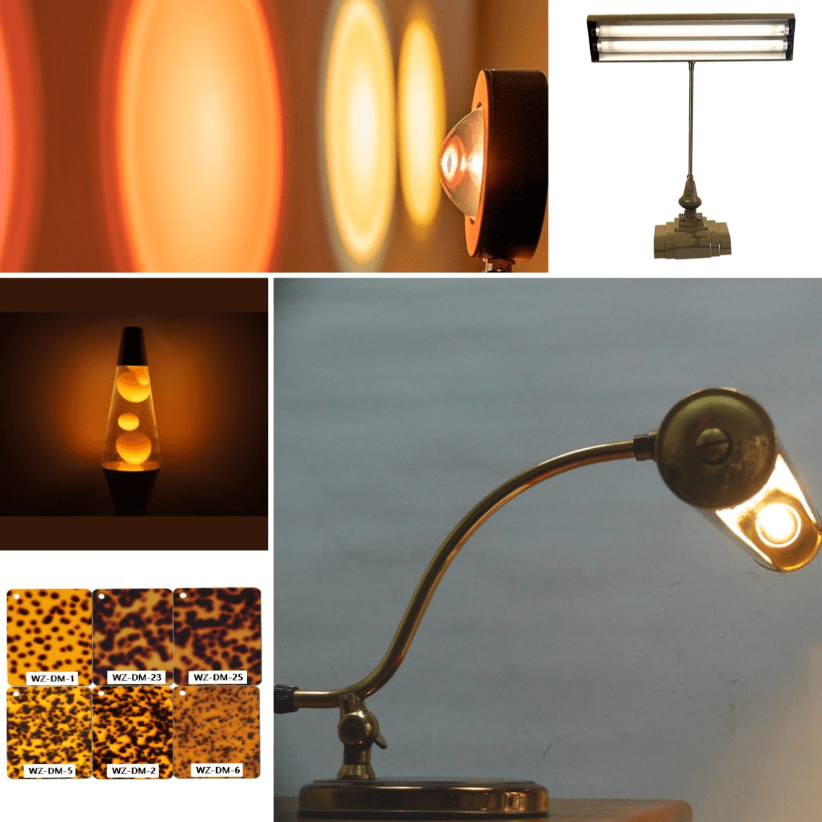 Fermata inspiration mood board exploring antique music stand lamps, warm light, and decorative acrylic