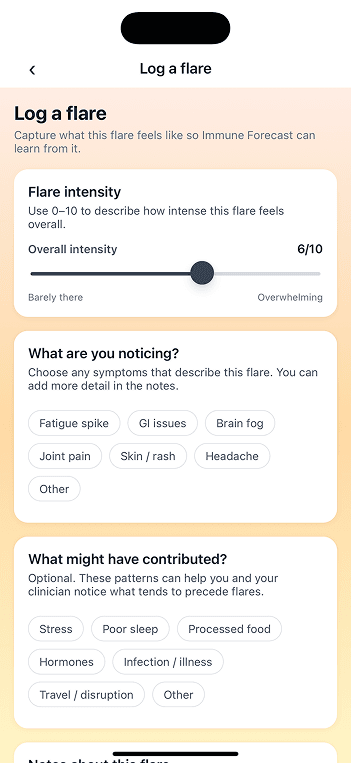 Refined Immune Forecast flare logging screen