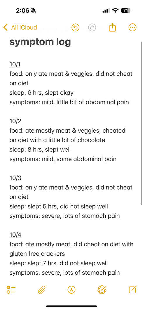 Manual symptom notes used before Immune Forecast