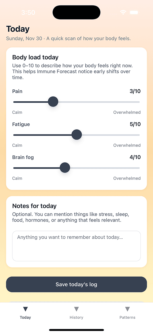 Immune Forecast Today screen
